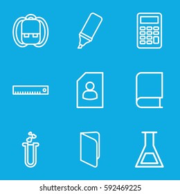 education icons set. Set of 9 education outline icons such as heart test tube, highlighter, test tube, calculator, book, backpack, ruler