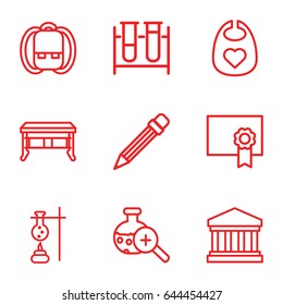 Education icons set. set of 9 education outline icons such as baby bid, test tube, test tube search, pencil, court building, diploma, backpack