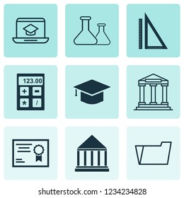 Education icons set with academy building, hat, rulers and other electronic tool elements. Isolated vector illustration education icons.