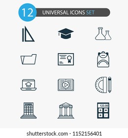 Education icons set with backpack, school supplies, calculator and other academy  elements. Isolated vector illustration education icons.