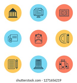 Education icons set with backpack, school supplies, books and other library elements. Isolated vector illustration education icons.