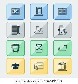 Education icons set with books, audio book, academy building and other college elements. Isolated vector illustration education icons.