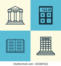Education Icons Set. Collection Of Academy, Opened Book, College And Other Elements. Also Includes Symbols Such As Building, Education, Library.