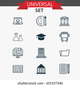 Education Icons Set. Collection Of Academy, Education Center, Transport Vehicle And Other Elements. Also Includes Symbols Such As Learning, Tools, Library.