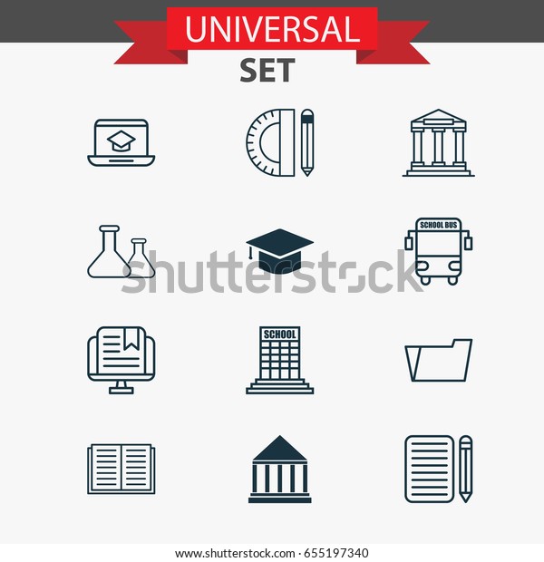 Education Icons Set. Collection Of\
Academy, Education Center, Transport Vehicle And Other Elements.\
Also Includes Symbols Such As Learning, Tools,\
Library.