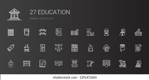 education icons set. Collection of education with book, literature, rucksack, diary, audiobook, drawer, highlighter, flask, bookshelf, vector. Editable and scalable education icons.