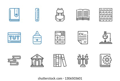 education icons set. Collection of education with book, tubes, books, museum, flask, curriculum, calculator, glue, tutorial, pattern, backpack. Editable and scalable education icons.