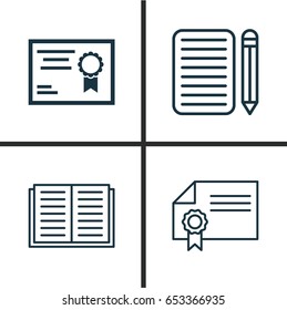 Education Icons Set. Collection Of Certificate, Diploma, Home Work And Other Elements. Also Includes Symbols Such As Literature, Library, Certificate.