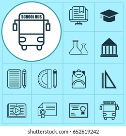 Education Icons Set. Collection Of Chemical, Education Tools, Home Work And Other Elements. Also Includes Symbols Such As Certificate, University, Cap.
