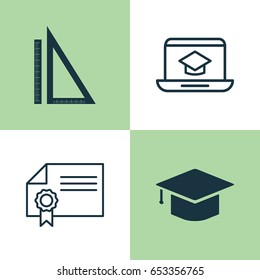 Education Icons Set. Collection Of Diploma, Distance Learning, Measurement And Other Elements. Also Includes Symbols Such As Cap, Hat, Ruler.