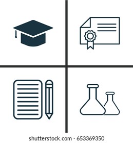Education Icons Set. Collection Of Diploma, Graduation, Chemical And Other Elements. Also Includes Symbols Such As Hat, Success, Certificate.