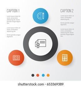 Education Icons Set. Collection Of Diploma, Education Tools, Electronic Tool And Other Elements. Also Includes Symbols Such As Success, Tool, Diploma.