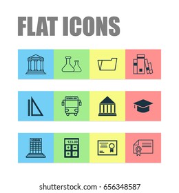 Education Icons Set. Collection Of Document Case, Electronic Tool, Measurement And Other Elements. Also Includes Symbols Such As Ribbon, Building, Certificate.