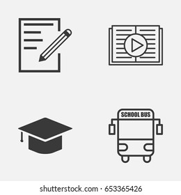 Education Icons Set. Collection Of Graduation, Transport Vehicle, Paper And Other Elements. Also Includes Symbols Such As Pen, Reader, Pencil.