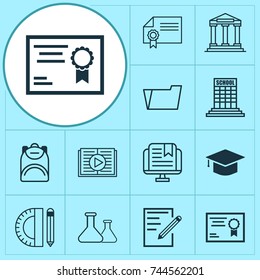 Education Icons Set. Collection Of Graduation, Academy, Certificate And Other Elements. Also Includes Symbols Such As Folder, Bag, Reader.