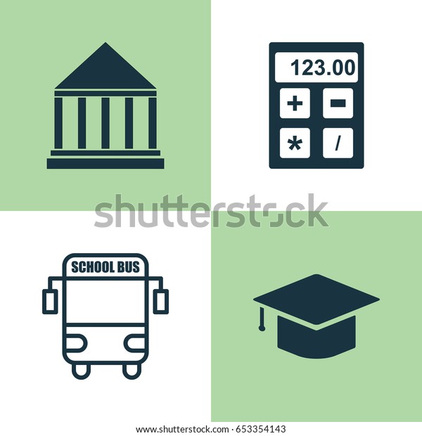 Education Icons Set.\
Collection Of Graduation, Education Center, Transport Vehicle And\
Other Elements. Also Includes Symbols Such As Graduation,\
Electronic, School.