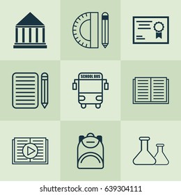 Education Icons Set. Collection Of Home Work, Taped Book, Certificate And Other Elements. Also Includes Symbols Such As Flask, Supplies, Book.