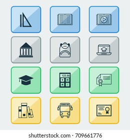 Education Icons Set. Collection Of Library, Measurement, Opened Book And Other Elements. Also Includes Symbols Such As Graduation, Literature, Electronic.