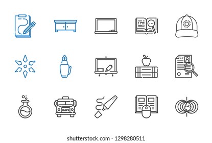 education icons set. Collection of education with magnetic field, book, highlighter, school bus, flask, curriculum, books, blackboard, fountain pen. Editable and scalable education icons.