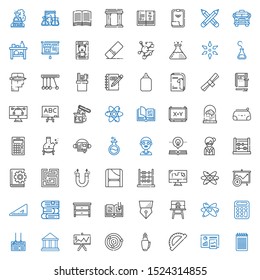 education icons set. Collection of education with notepad, analytics, protractor, fountain pen, atoms, presentation, museum, board, calculator. Editable and scalable education icons.