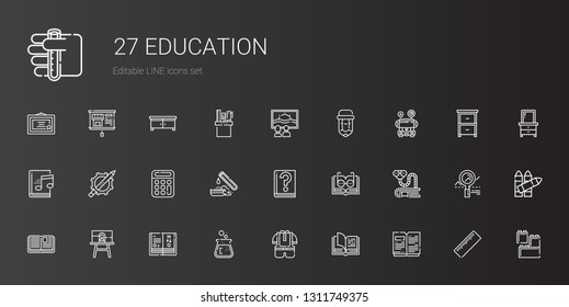 education icons set. Collection of education with open book, kid, flask, science book, canvas, bookworm, guide, test tube, calculator, pencil. Editable and scalable education icons.