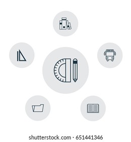 Education Icons Set. Collection Of Opened Book, Measurement, Transport Vehicle And Other Elements. Also Includes Symbols Such As Transport, Bus, Ruler.
