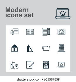 Education Icons Set. Collection Of Opened Book, Diploma, Library And Other Elements. Also Includes Symbols Such As Notebook, Tool, Drawing.