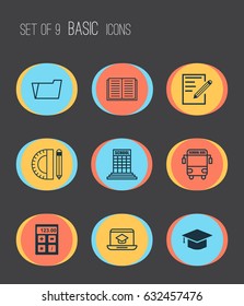 Education Icons Set. Collection Of Paper, Electronic Tool, Transport Vehicle And Other Elements. Also Includes Symbols Such As Distance, Bus, Cap.