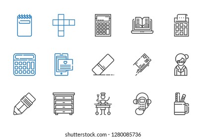 education icons set. Collection of education with pencil case, audio guide, large, drawer, pen, librarian, letter, eraser, calculator, open book. Editable and scalable education icons.