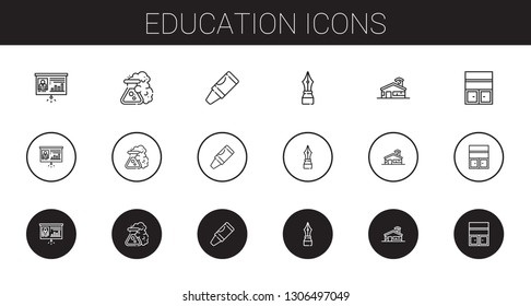 education icons set. Collection of education with presentation, flask, crayon, pen, school, bookshelf. Editable and scalable education icons.