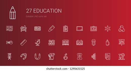 education icons set. Collection of education with stationary, sharpener, flask, literature, magnet, toy, presentation, pencil, open book. Editable and scalable education icons.