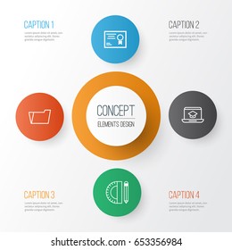 Education Icons Set. Collection Of Education Tools, Certificate, Document Case And Other Elements. Also Includes Symbols Such As Online, Ribbon, Certificate.