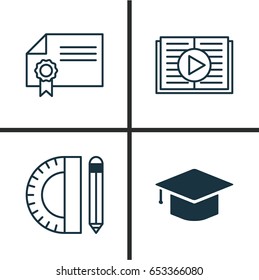 Education Icons Set. Collection Of Education Tools, Diploma, Taped Book And Other Elements. Also Includes Symbols Such As School, Certificate, Hat.