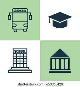 Education Icons Set. Collection Of Transport Vehicle, Academy, Graduation And Other Elements. Also Includes Symbols Such As Building, Graduation, Education.