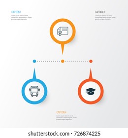 Education Icons Set. Collection Of Transport Vehicle, Diploma, Graduation And Other Elements. Also Includes Symbols Such As School, Hat, Transport.