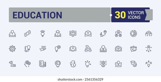 Education icons set. Contains such icons as university, development, science, process, goal, grow, on and more. Thin outline icons pack. Editable vector stroke.