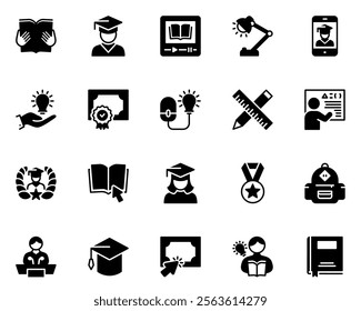 Education icons set. diploma, graduation, textbook, lesson, certificate, homework, medal, teacher, academic, exam, learn, library, test, award, brain, knowledge, university, research, study