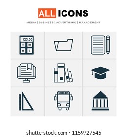 Education icons set with e-learning, rulers, university building and other document case elements. Isolated vector illustration education icons.