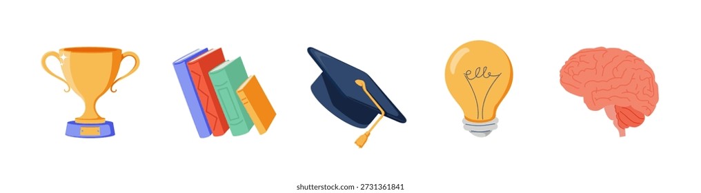 Conjunto De Iconos De Educación Con Libro, Trofeo, Gorra, Bombilla Y Cerebro. Cursos En Línea De Elearning, Ideal Para El Conocimiento, El Crecimiento, La Inteligencia Y Los Temas De Éxito Académico. Ilustración vectorial colorida.