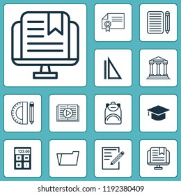 Education icons set with file folder, audio book, calculator and other diploma elements. Isolated vector illustration education icons.