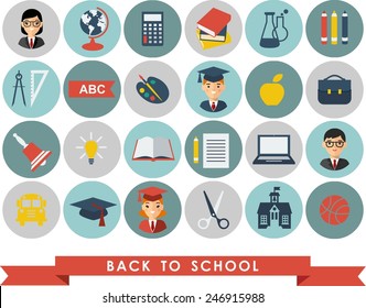 Education icons. Set of education icons in flat colorful style.