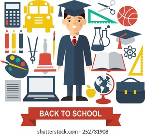 Education icons. Set of education icons in flat colorful style 