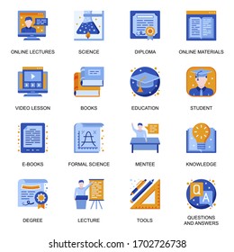 Education icons set in flat style. Formal science, online lectures and courses, question and answer, online materials and tools, video lesson signs. Distance education pictograms for UX UI design.