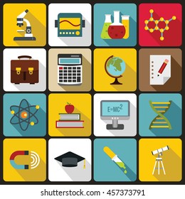 Education icons set in flat style. Science set collection vector illustration