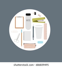 Education icons set in flat style. School stationery for prints, patterns and creative design. Vector illustration