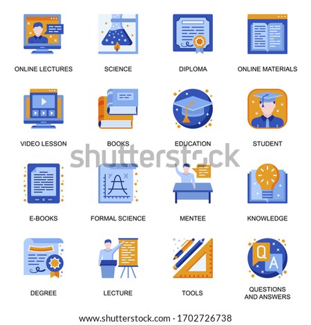 Education icons set in flat style. Formal science, online lectures and courses, question and answer, online materials and tools, video lesson signs. Distance education pictograms for UX UI design.