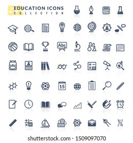 Education icons set.  Flat symbols with reflections. Vector illustration