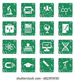 Education icons set in grunge style green isolated vector illustration