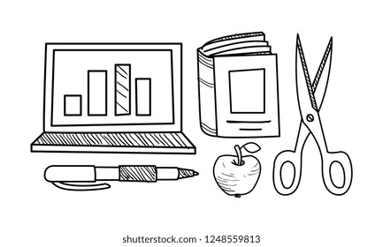 Education icons set, hand drawn school objects vector Illustration on a white background