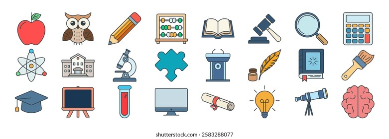 Education icons set, Included icons as Apple, Telescope, Owl, Diploma and more symbols collection, logo isolated vector illustration